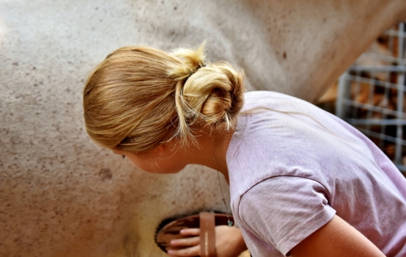 金发美女工作人员在擦拭石头雕像