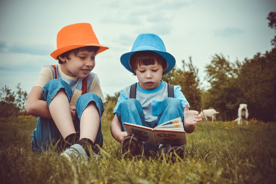 坐户外自然草坪戴彩色帽子阅读书本男孩