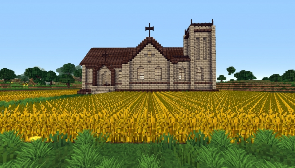 我的世界大片金黄色麦田与教堂建筑