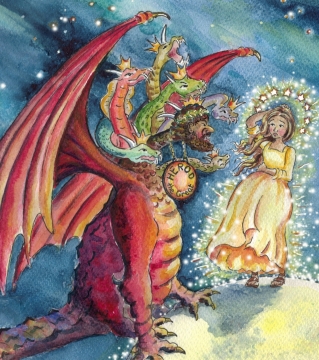 七头恐怖西方巨龙和美丽少女手绘插画