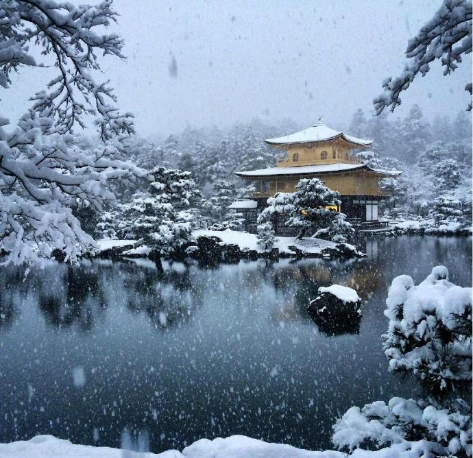 日本金阁寺冬天雪景风景图片